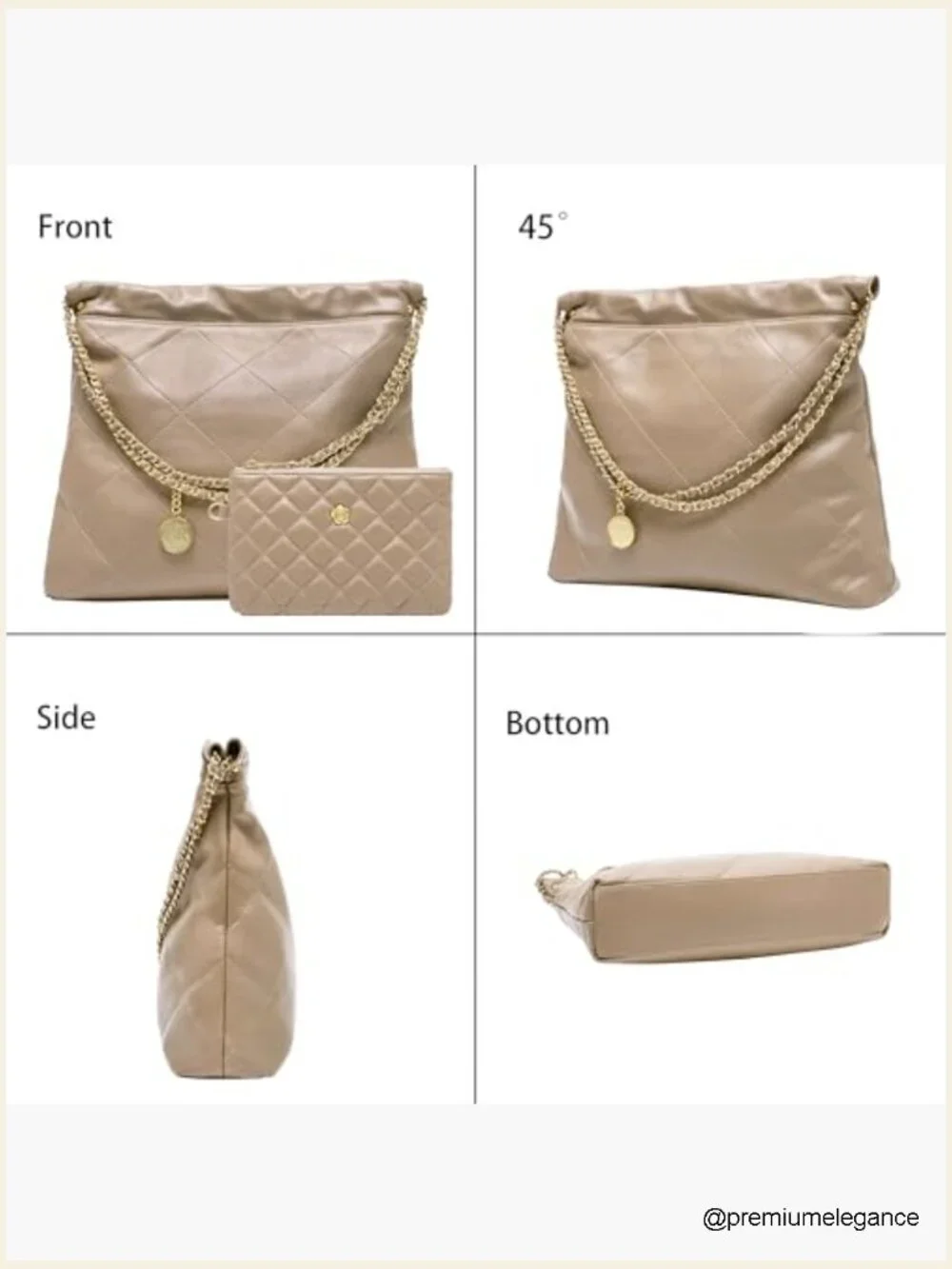 Quilted Leather Tote Bag Soft Lambskin Shoulder Hobo Chain Purse with Clutch
